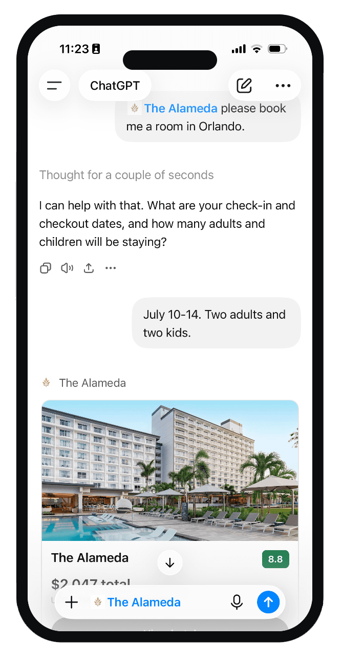 Welcome text from The Alameda with links to manage your stay in ChatGPT and Claude