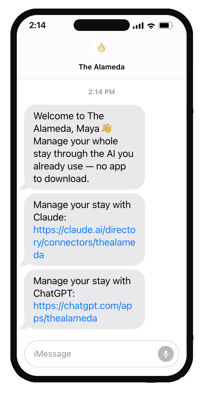 Welcome text from The Alameda with links to manage your stay in ChatGPT and Claude