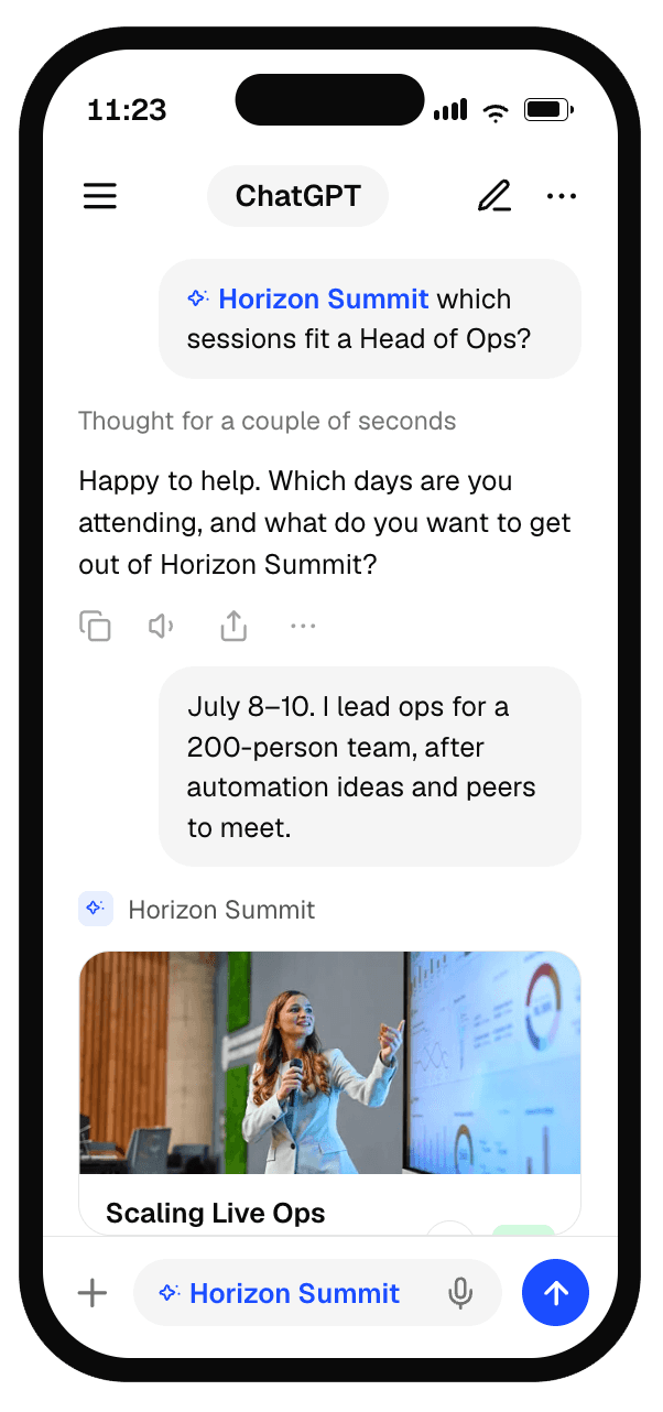 Attendee planning their conference schedule with Horizon Summit inside ChatGPT